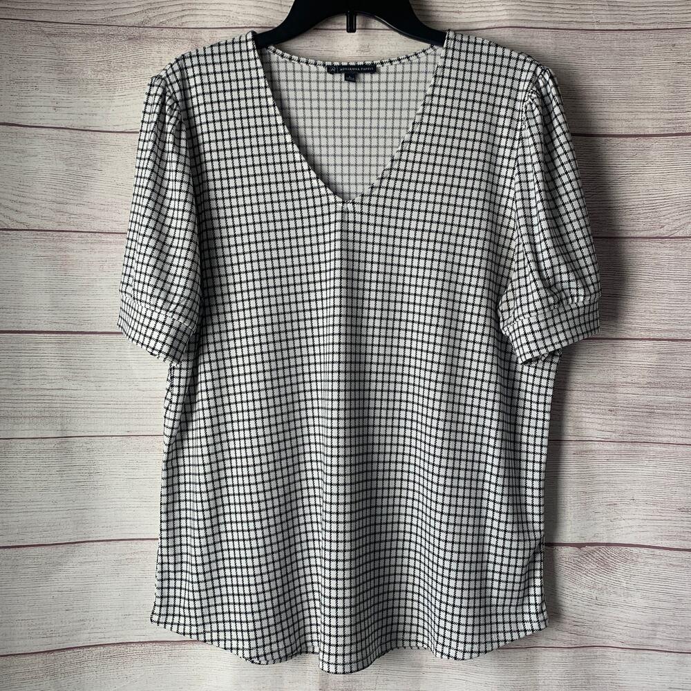 Adrianna Papell Black and White Check Blouse Puff Sleeves V Neckline Size Large